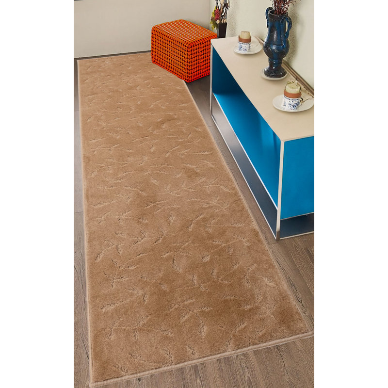Antibacterial Soft Pile Anti Slip Beige Leaves Rug, Runner 2'2" x 13'