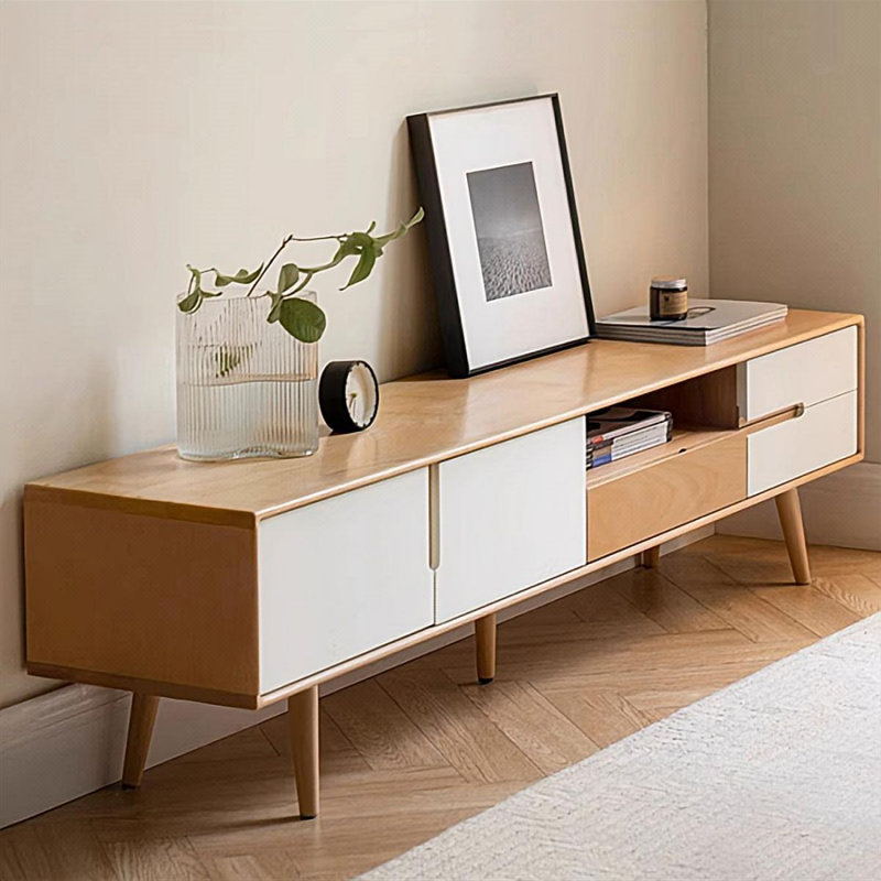 Meuble télé moderne en bois massif blanc, H 16,93 po x L 70,87 po x l 13,78 po