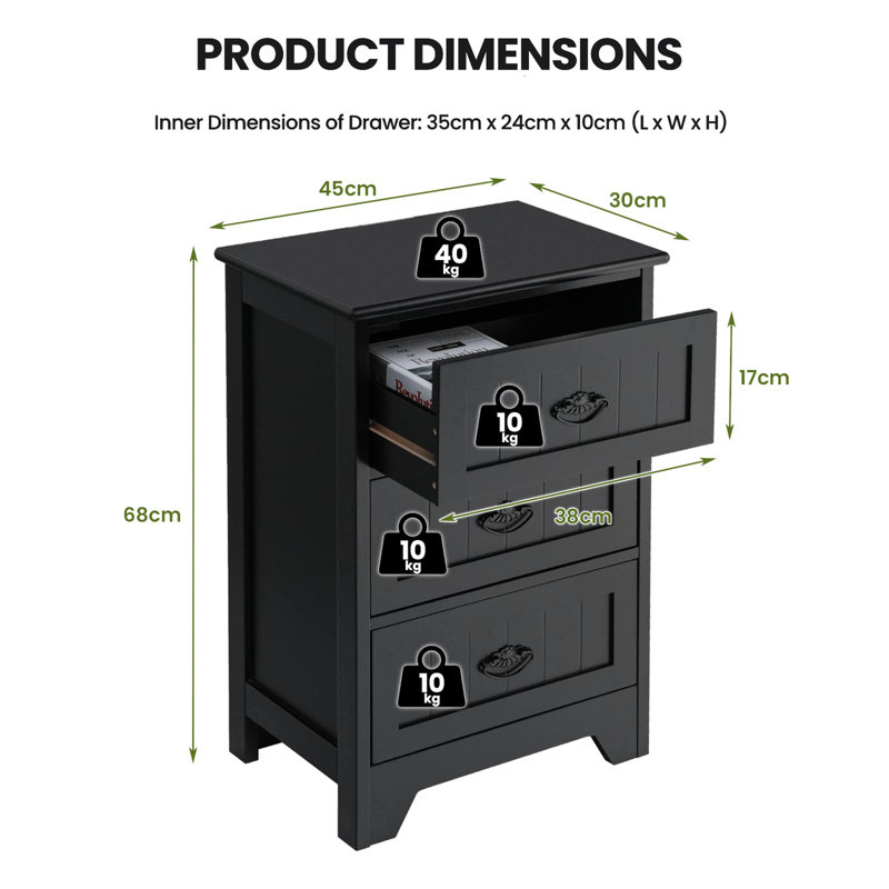 Goussainville 45cm W Manufactured Wood Bedside Table, Black