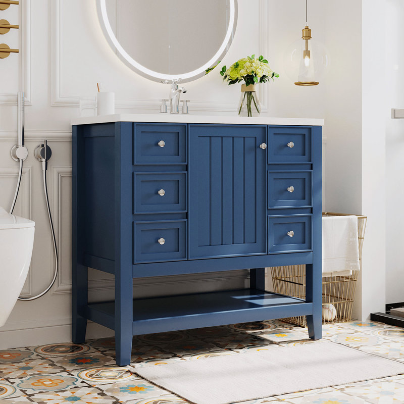 Meuble-lavabo sur pied simple 36 po avec plateau en céramique Shanniece