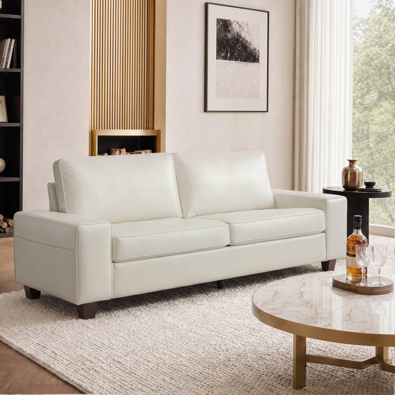 Gilmar 89" Upholstered Vegan Leather Sofa with Square Arms and Storage Pockets, White