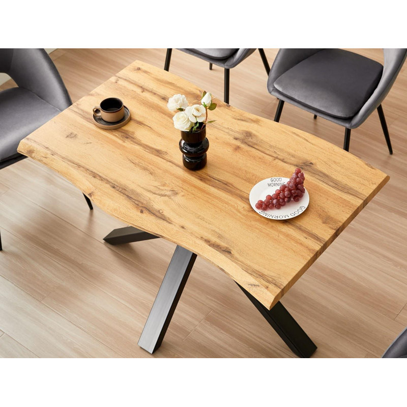 Wooden Dining Table with X-Shaped Iron Legs and 4 Metal Chairs and Bench Modern Dining Set (75cm), 75cm H x 140cm L x 80cm W