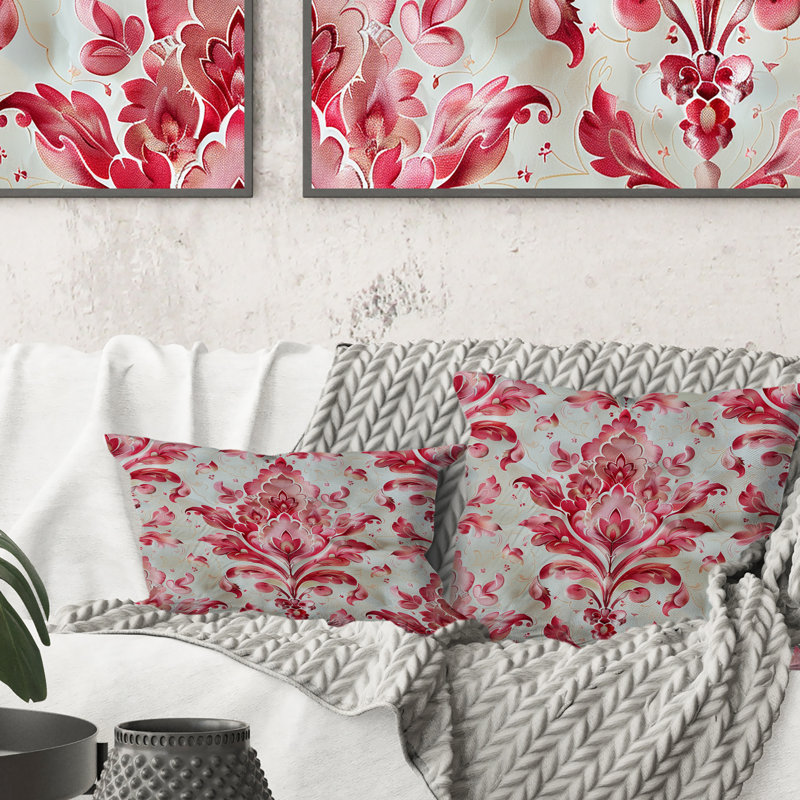 Coussin lombaire moderne rose, gris et damassé