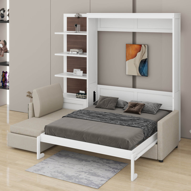 Grand lit escamotable avec canapé et tablettes, Blanc