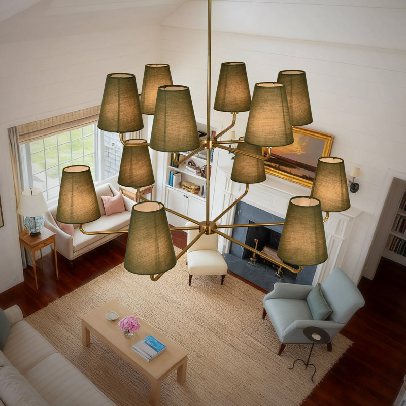 12-Light Adjustable Sputnik Chandelier – Linen Shades, Copper Finish, Sloped-Ceiling Compatible, Dimmable Dining Room Statement Fixture.