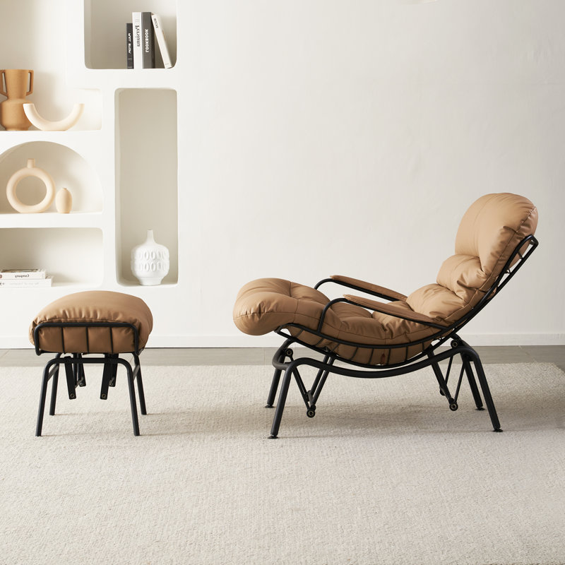 Cream Faux Leather Mid-Century Modern Glider Rocking Chair with Ottoman