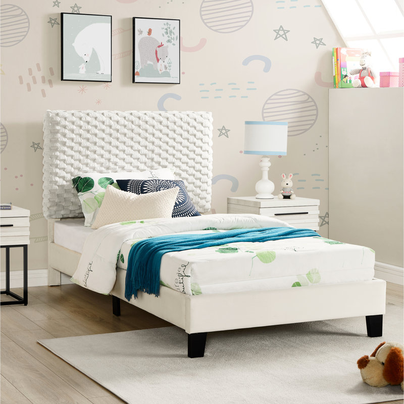 Lit plateforme simple tapissier simple 3D blanc - hauteur réglable pour un ajustement personnalisé, Lit simple