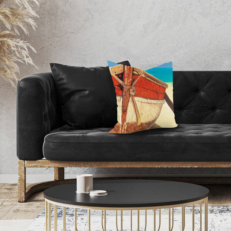 Tied up rowing boat - 18"x18" Throw pillow cover - Poly twill - Print on demand, Red/Blue/Cream