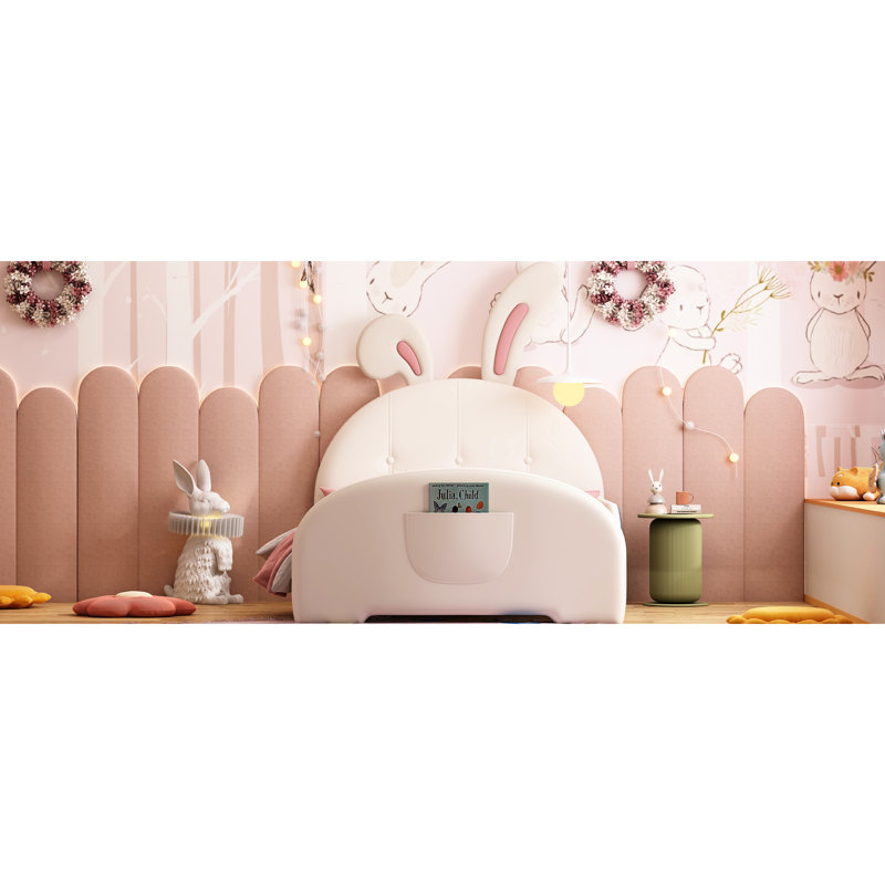 Lit simple blanc avec forme de lapin charmant et construction stable - tête de lit et base rembourrée robuste, White