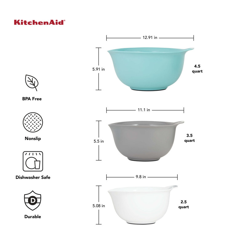 KitchenAid® Universal Nesting Silicone Mixing Bowls, Set of 3, Non-Slip Base, Easy Pour Spout