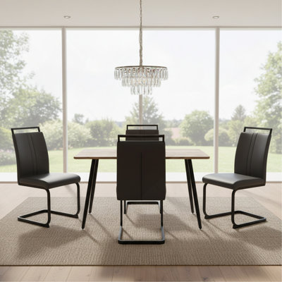 Table de salle à manger moderne en bois aggloméré de 47 po de couleur bois et chaise en polyuréthane sans accoudoirs pour 4 personnes, pieds en métal noir, petite table de salle à manger, bureau, table de cuisine, pour 4 à 6 sièges. Convient pour la maison et la cuisine