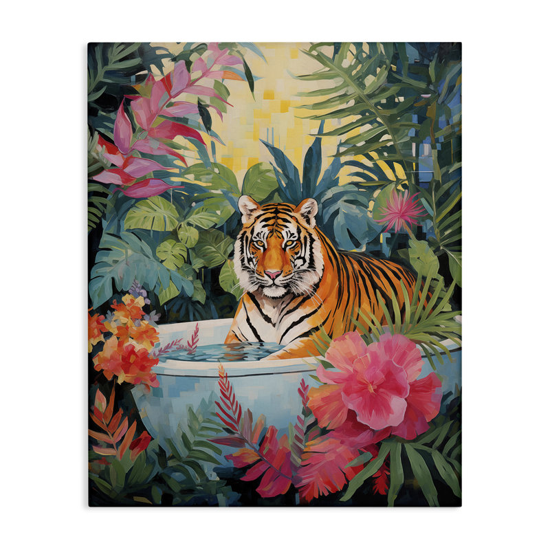 Tigre dans une toile de bain luxueuse, design par Heidi Kuntz, H 30 po x l 24 po