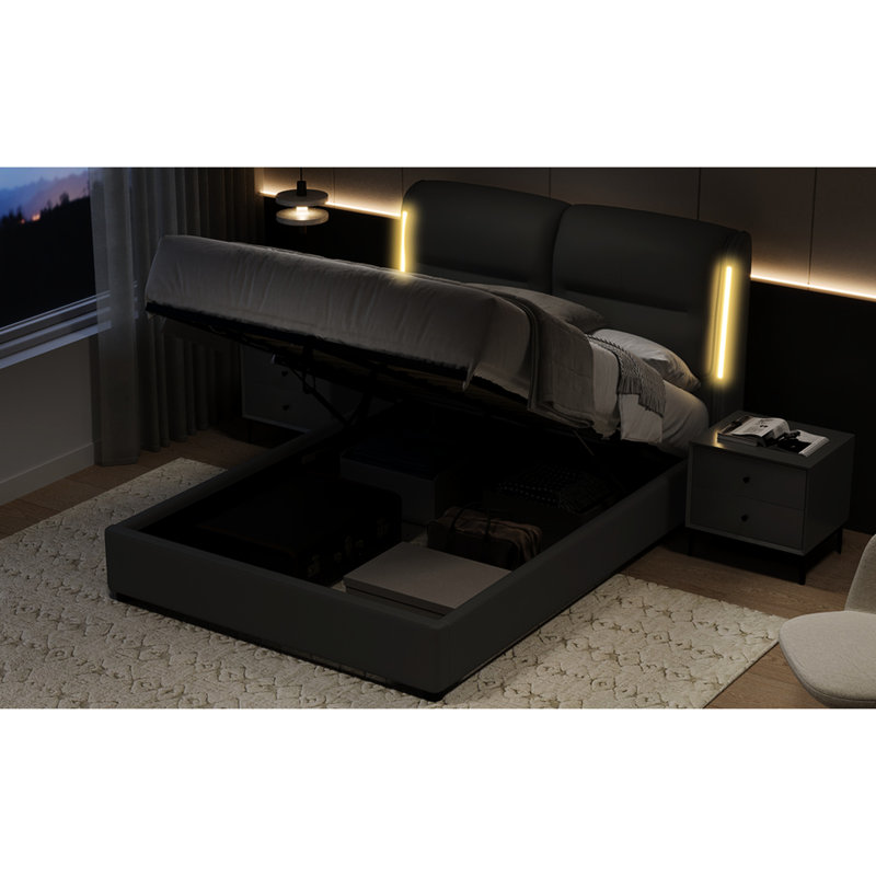 Grand lit plateforme hydraulique avec rangement, soutien solide, cuir synthétique confortable, structure relevable moderne Sensor Night, doux