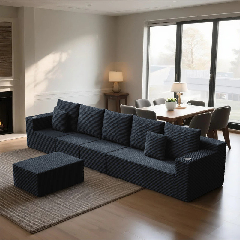 Canapé modulaire surdimensionné avec repose-pieds Corduroy, Velours côtelé noir