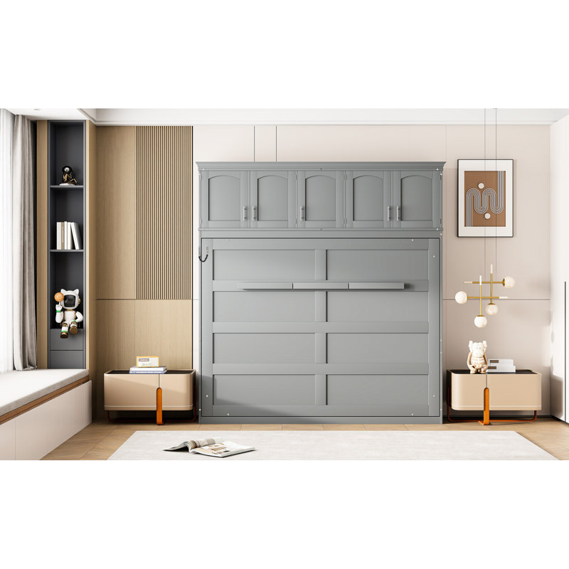Lit double gris avec armoires supérieures, espace pour le bureau à domicile, lit mural confortable avec support pour matelas, fonction, lattes flexibles pour dormir