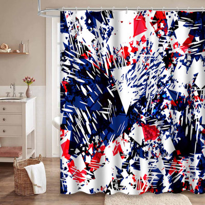 Rideau de douche triangulaire blanc avec pois rouges et bleus