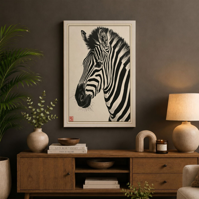 Zebra Study Japandi - Wrapped Canvas, 18x12 - 45.7 x 30.5 cm, Terracotta Border