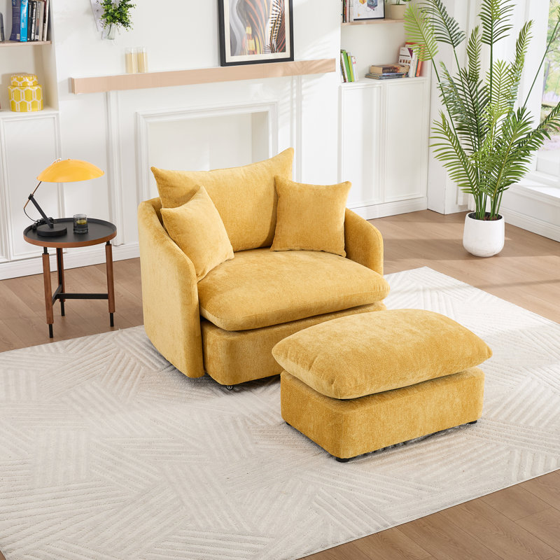 46" Chenille Upholstered Oversized Swivel Armchair With Ottoman, Yellow