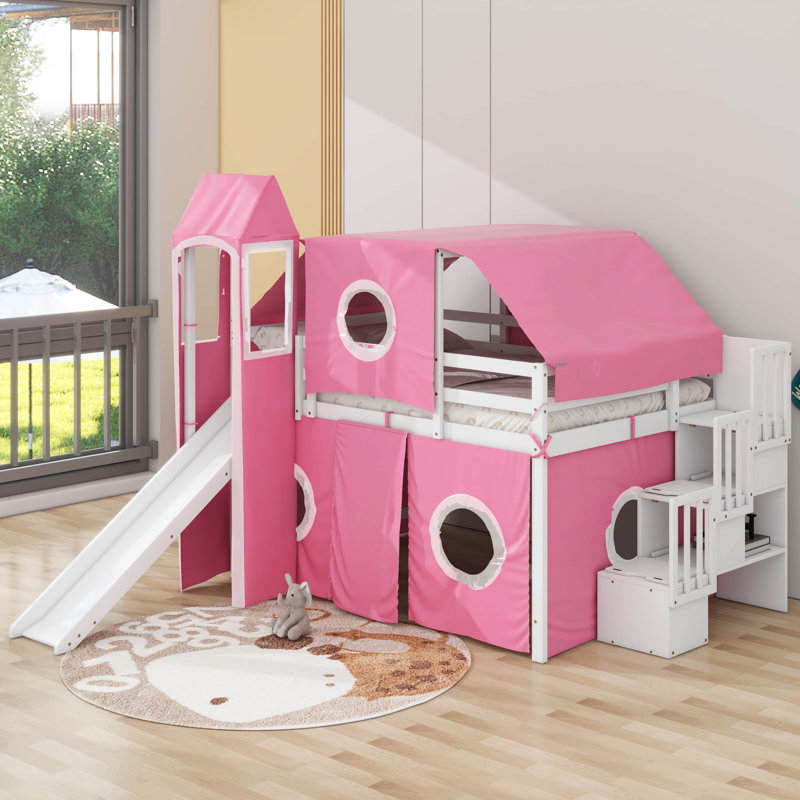 Lit mezzanine double avec tour et tente, Rose