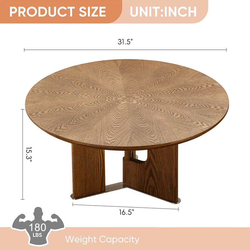 31.5" Modern Round Coffee Table with Sculptural Base & Wood Veneer Top, Center Table for Living Room