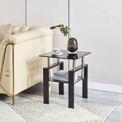 2 tables de bout en verre trempé pour les espaces de réception, fonction de rangement, assemblage rapide devant la table noire, zones multiples, procédure simple