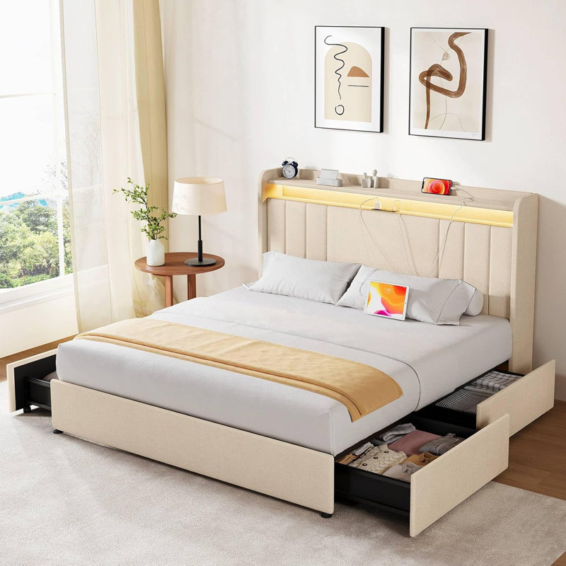 Full Beige Upholstered Bed Frame with LED Lights and Storage Drawers