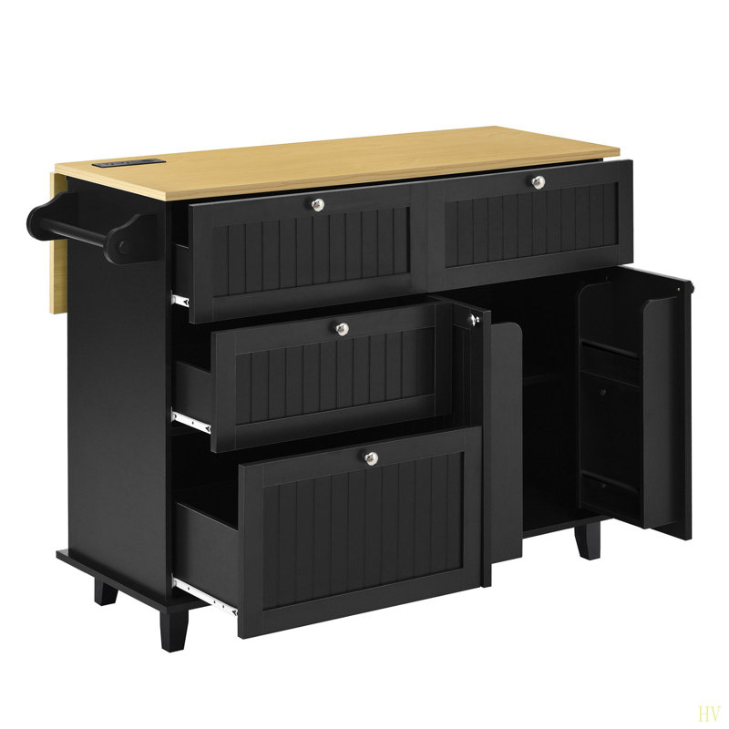 Someries Kitchen Island Set with Drop Leaf, 2 Stools, Storage Cabinet, Drawers and Towel Rack, Black