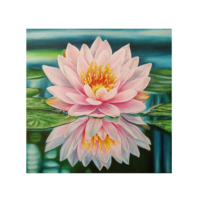 Beautiful Lotus Flower with Pond Acrylic Painting on Stretched Canvas by Sannidha - Zen Floral Wall Art for Meditation Room Decor