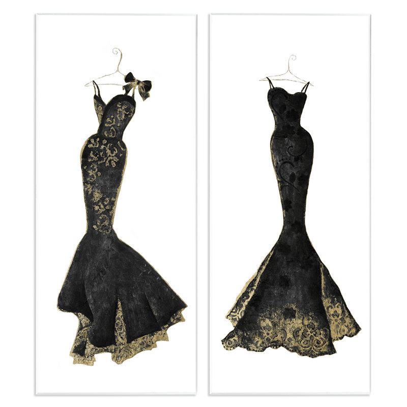 Ensemble de 2 plaques murales Gilded Black Evening Gowns, design par Janet Tava