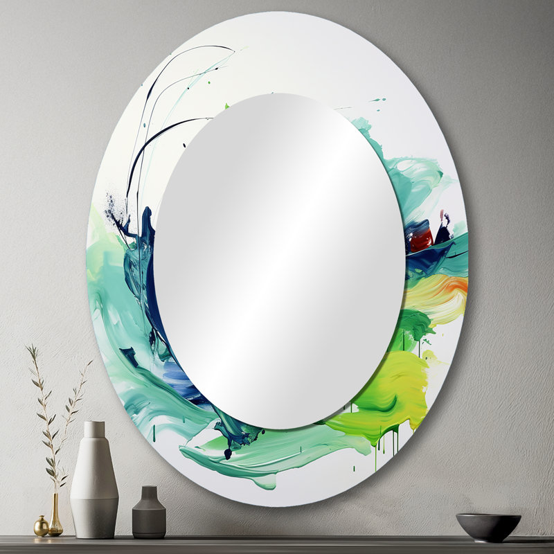 Blanc et vert abstrait à l'encre abstraite III - Grand miroir mural ovale sur métal, 43 po x 33 po