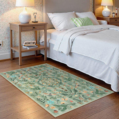 Washable Botanical Floral Area Rug with Butterfly & Wildflower Design for Living Room, Bedroom, Nursery and Office