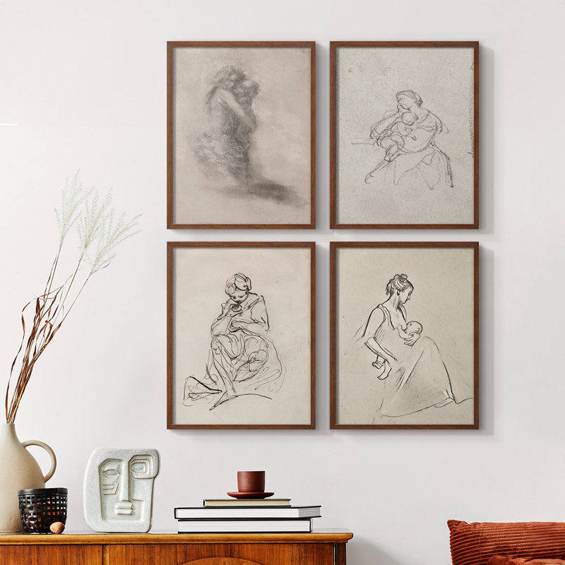 "Croquis rétro Lxxiv", 4 pièces sur papier, Noyer, H 10 po x l 8 po