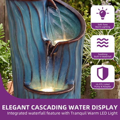 32" Ceramic Outdoor Water Fountain with LED Lights, Cascading Waterfall & 3-Tier Dynamic Wave-Texture Sphere in Turquoise for Garden Patio Yard Porch Relaxation