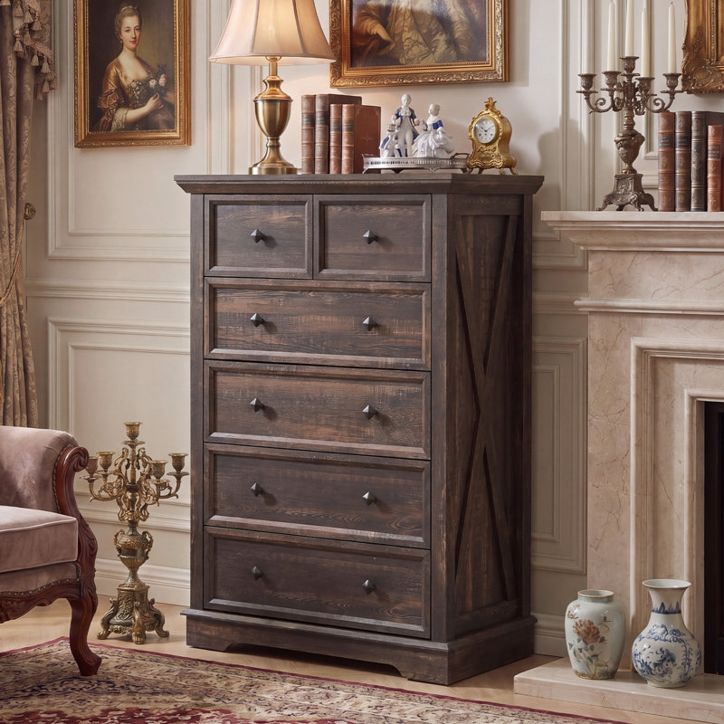 Farmhouse 6 Drawer Bedroom Dresser, Wood Tall Chest of Drawers, Closet Storage for Bedroom, Dark Rustic Oak