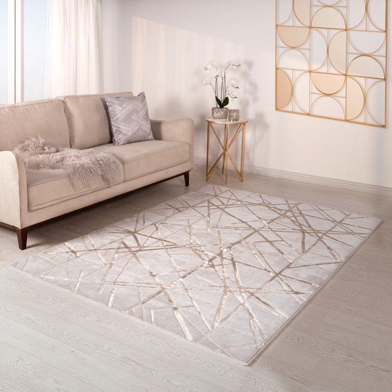 Gold Abstract Easy To Clean Modern Rug For Living Room, Bedroom And Dining Room, Rectangle 120 x 170cm