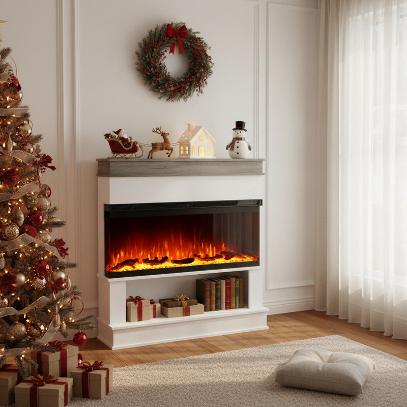 Foyer électrique 50 po 3 côtés blanc avec manteau de cheminée et rangement, foyer extra large, flamme 12 couleurs, mode flamme seulement, 1500 W