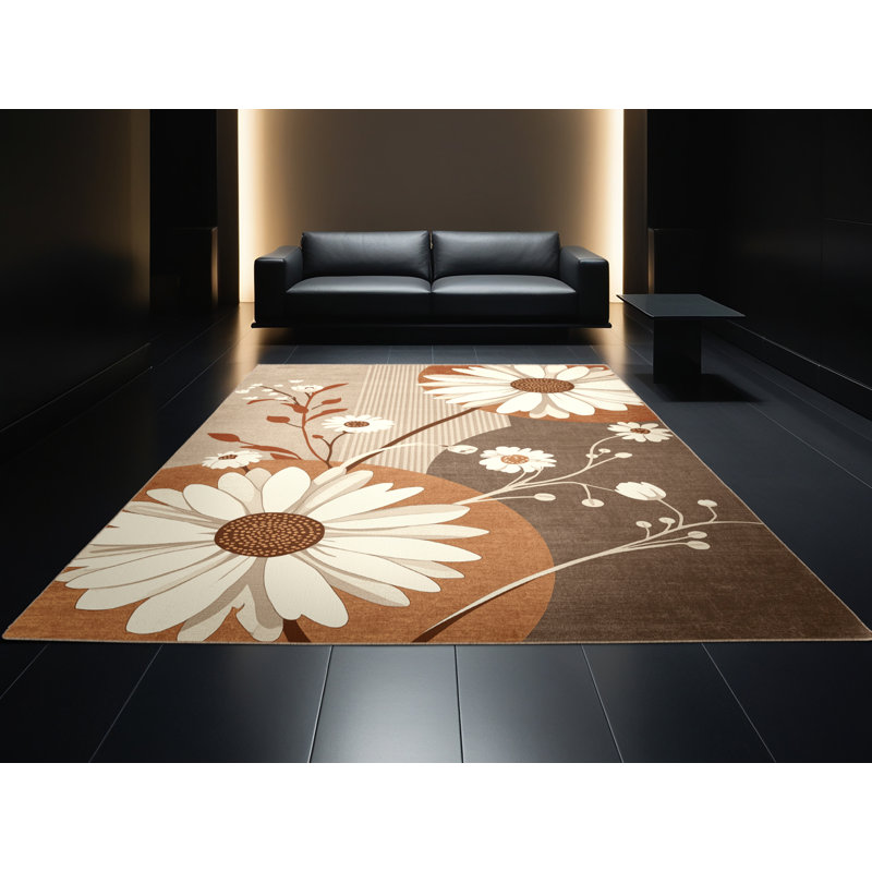 Machine Washable Parrilla Chamomile Scandinavian Clear Rug in Brown – Beige Binding, 4' Round