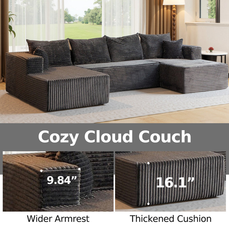 Boneless 134”Sectional Cloud Boneless Sofa Cloud Couch for Living Room, U Shaped Comfy Cordury Couch with Double Lounge Chair, Modern Deep Seat Minimalism Sofa for Home Furniture, No Assembly Required
