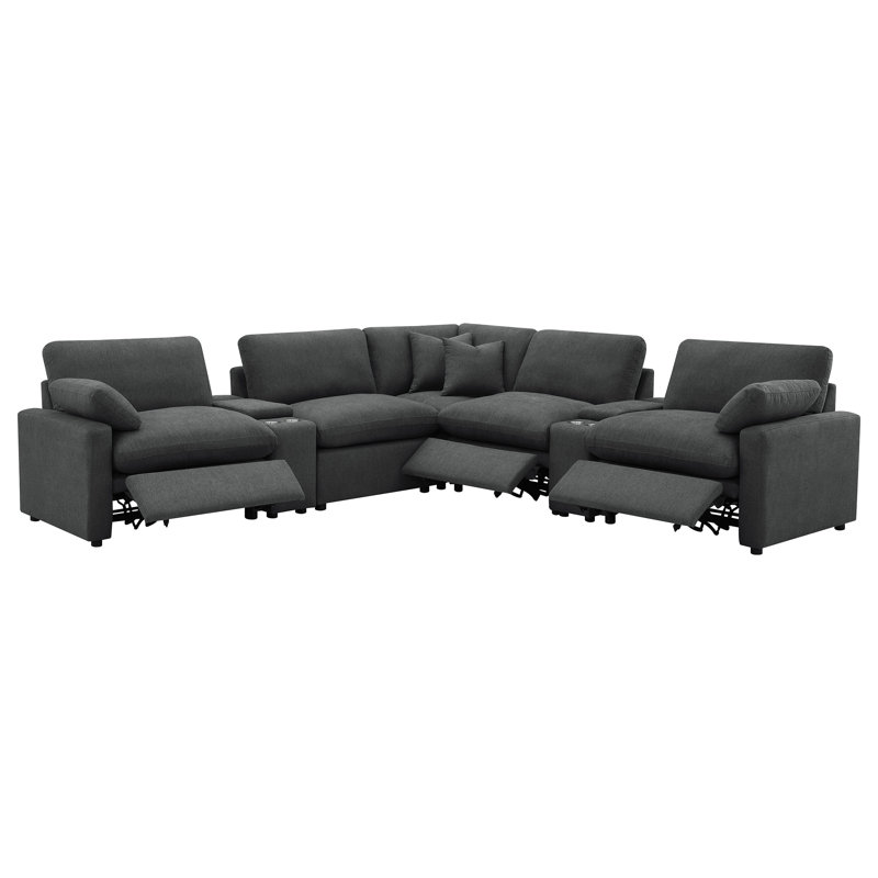 Canapé modulaire inclinable électrique Yelton 7 pièces gris foncé, Tissu gris foncé