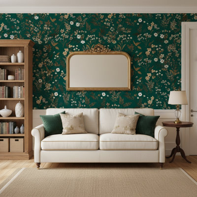Vintage Green Gold Leaf Floral Peel And Stick Wallpaper 17.5''X393'' Boho Waterproof Self Adhesive Wall Mural