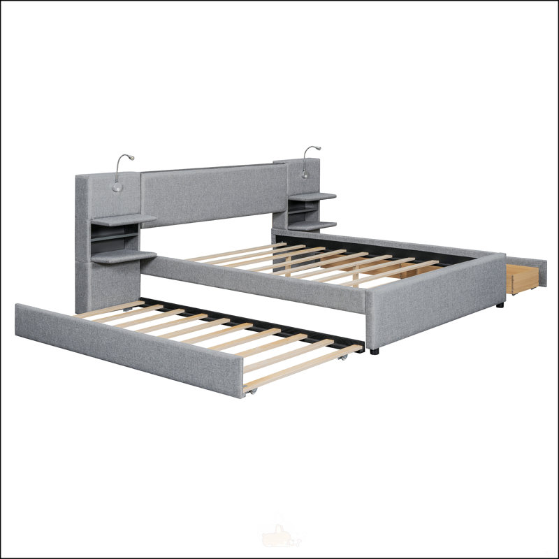 Grand lit plateforme tapissier avec lumières de lecture