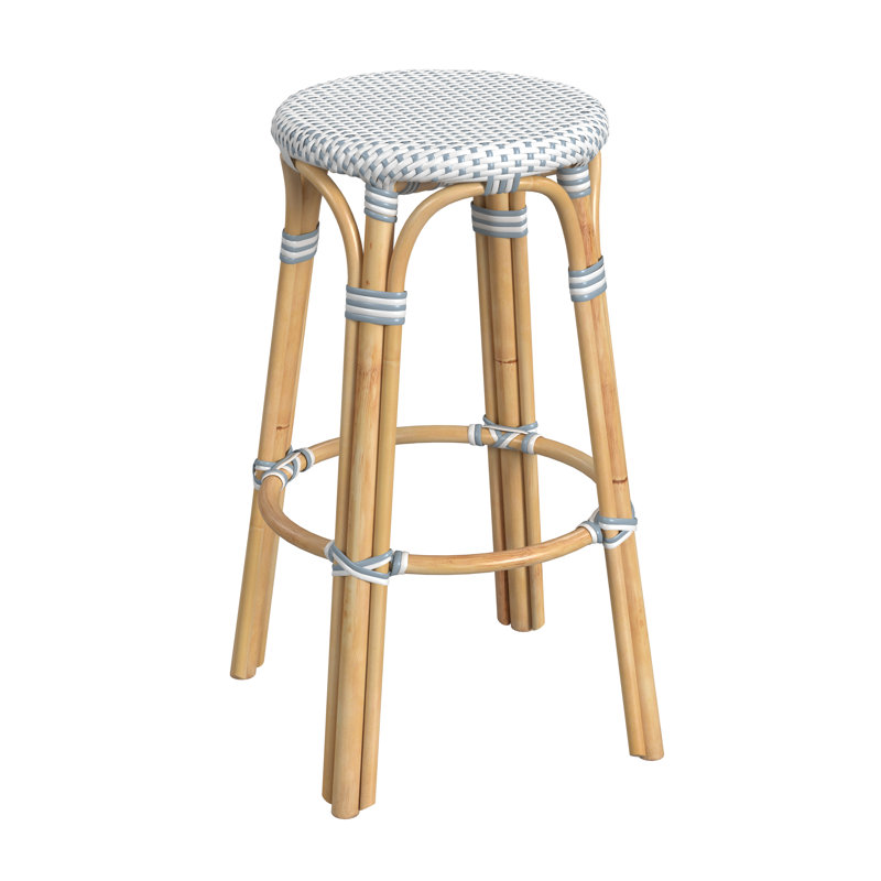 Tobias Rattan Bar Stool & Counter Stool, Bar Stool (30" Seat Height), White/Sky Blue Dot/Natural Rattan Frame