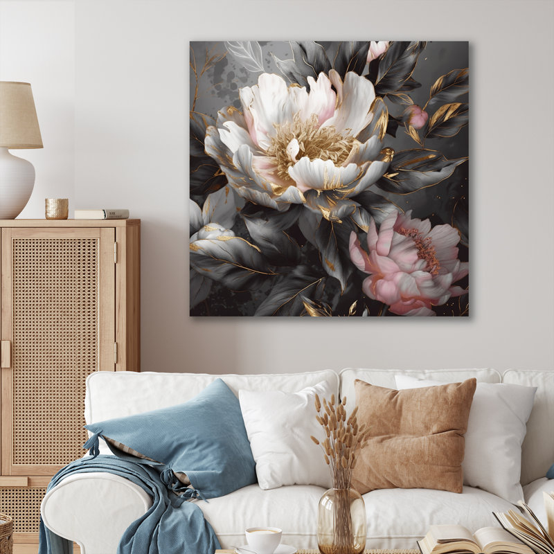 Pink Grey Peonies Blooming II - Print, 30" H x 30" W, Wrapped Canvas