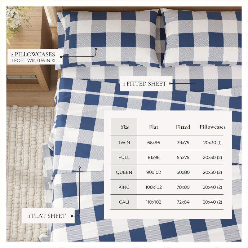 Queen Navy Buffalo Check Cotton Flannel Sheet Set