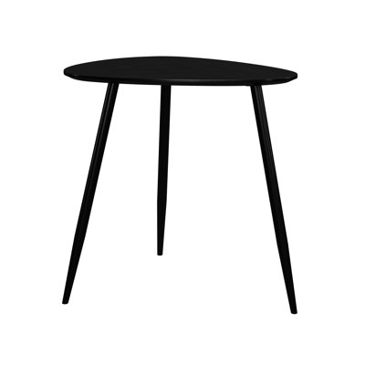Table de bout triangulaire moderne en bois de manguier massif, finition noire foncée, pieds évasés pour soutenir les coins arrondis, superbe décor et lampes
