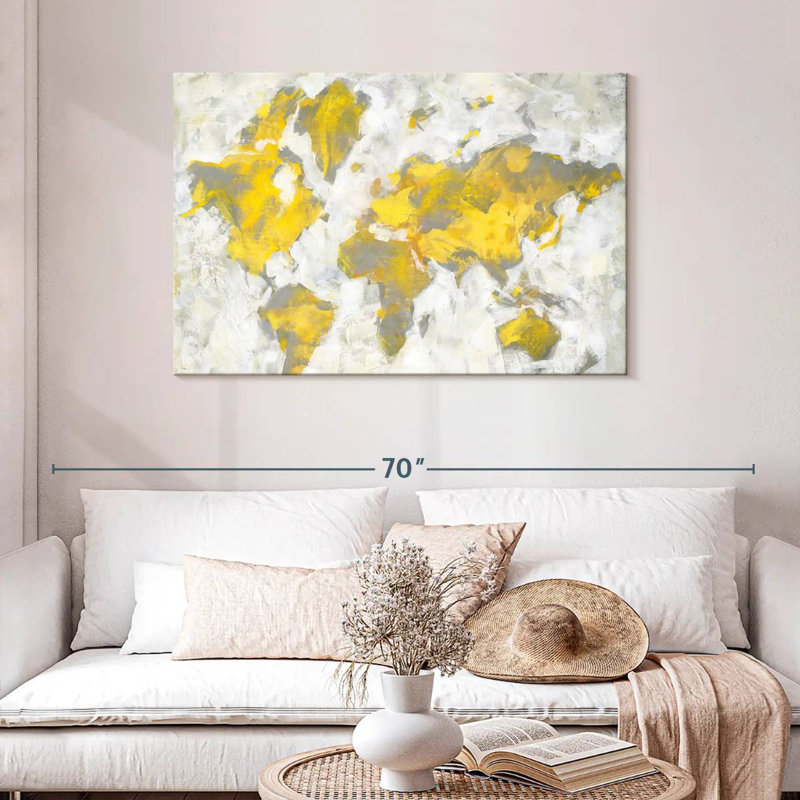 Carte du monde jaune-gris, H 30 po x l 45 po