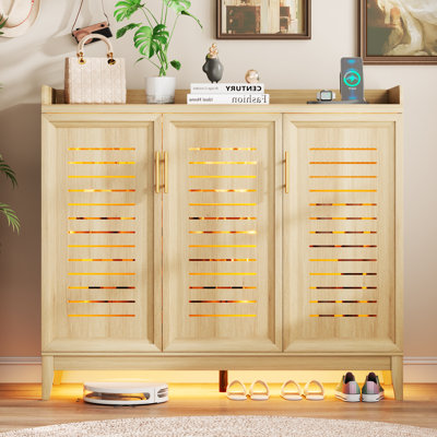 47.3" W 5-Tier Shoe Cabinet With 360°Rotating Shoe Rack And Human Sensor Light, Freestanding Shoe Storage Cabinet With Adjustable Shelves