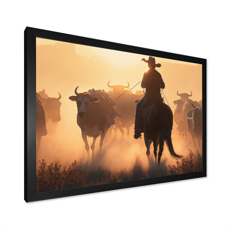 Kirts " Wrangler In Sunset I ", Black Picture Framed, 12" H x 20" W x 1" D