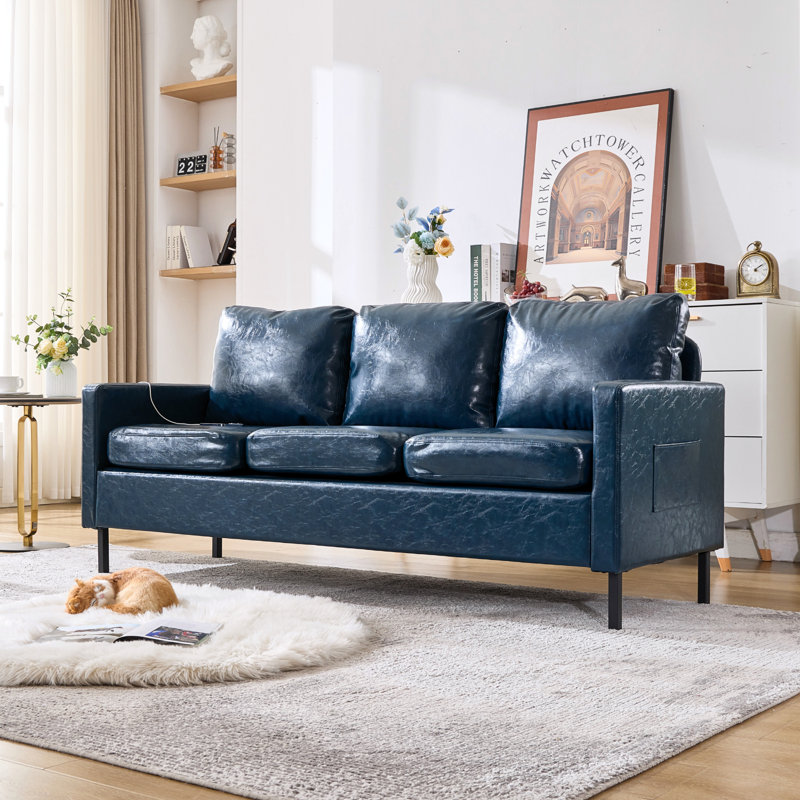 72"W Faux Leather 3-Seater Sofa With USB Port, Blue