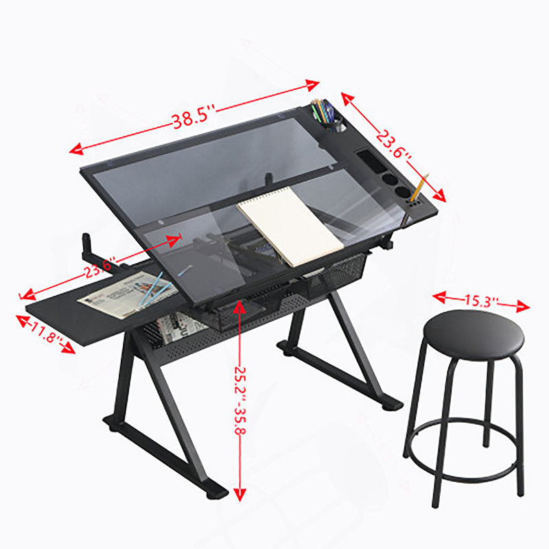 Adjustable Tempered Glass Drafting Printing Desk With Stools, Black